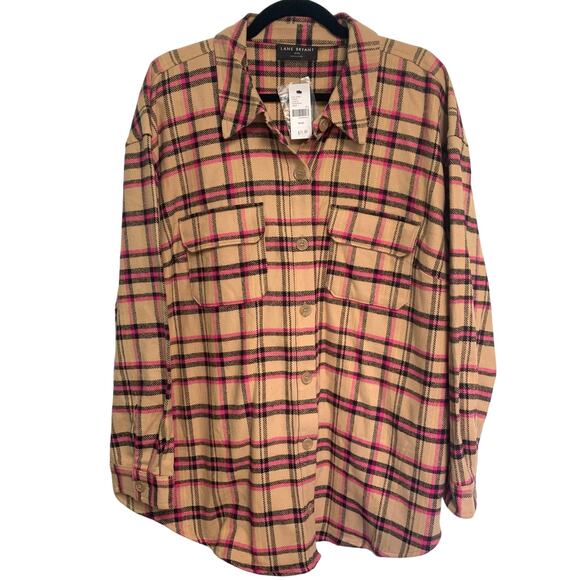 Lane Bryant Women’s Tan Pink Plaid Flannel Cotton Shacket Size 18/20 - Picture 1 of 5